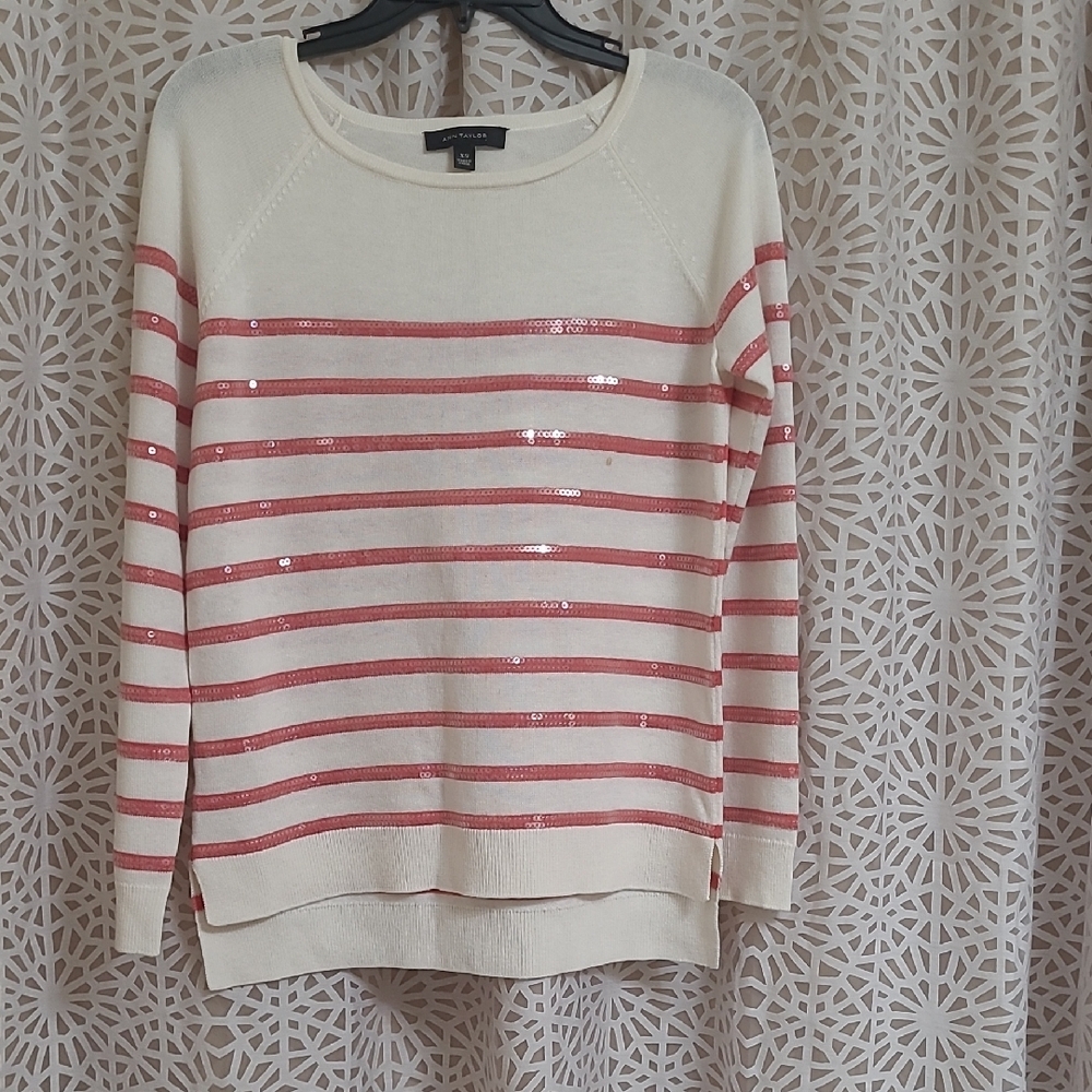 LOFT Cream Sweater with Pink Stripes